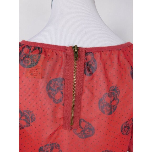Red Semi-Sheer Skull Print Blouse Womens S Back Zipper & 3/4 Sleeves - Picture 3 of 12